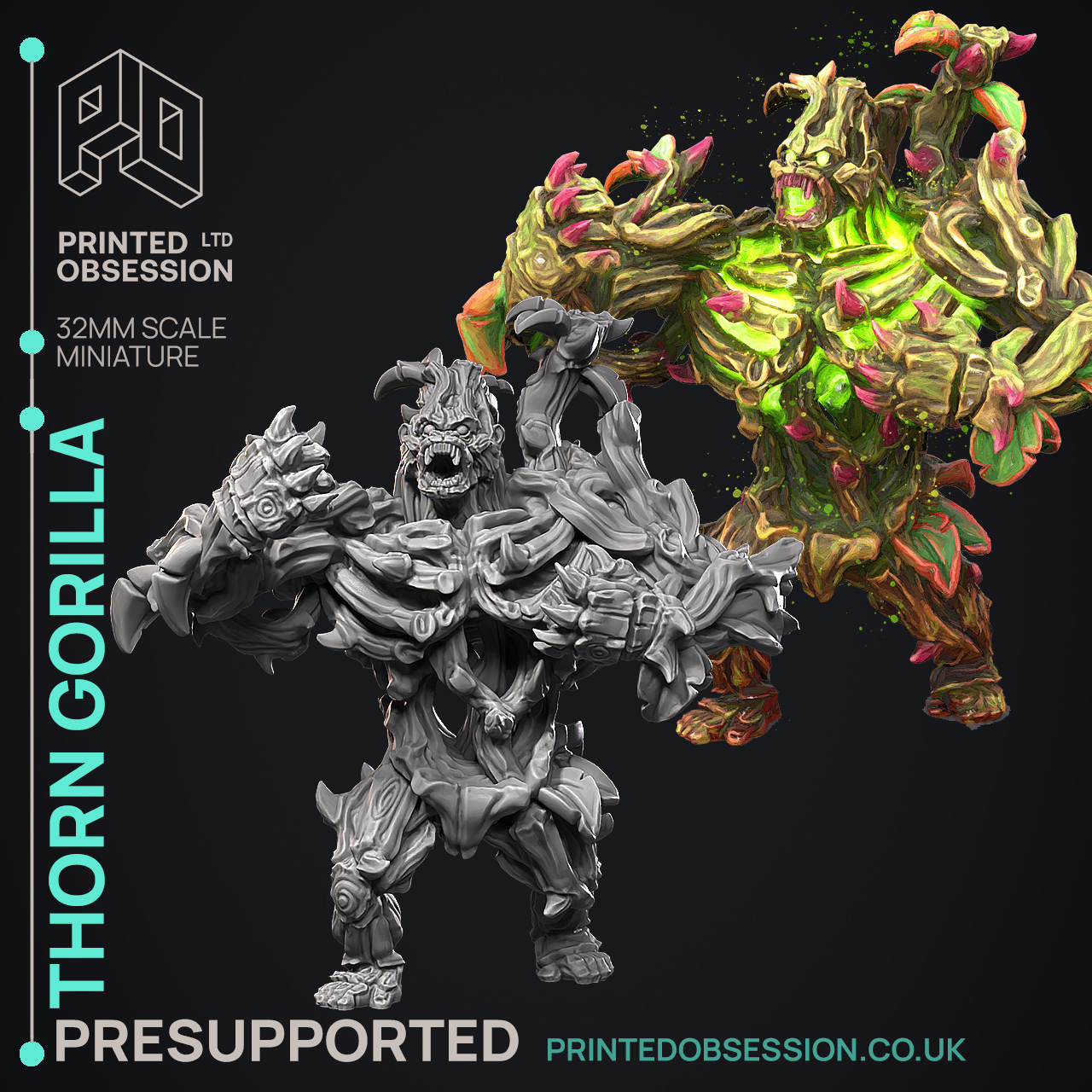 Thorn Gorilla - Elemental Creature - PRESUPPORTED - Illustrated and Stats - 32mm scale